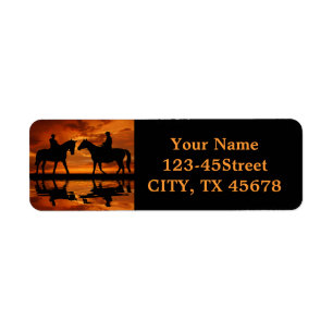 Western Sunset Horseback Riding cowboy silhouette Label