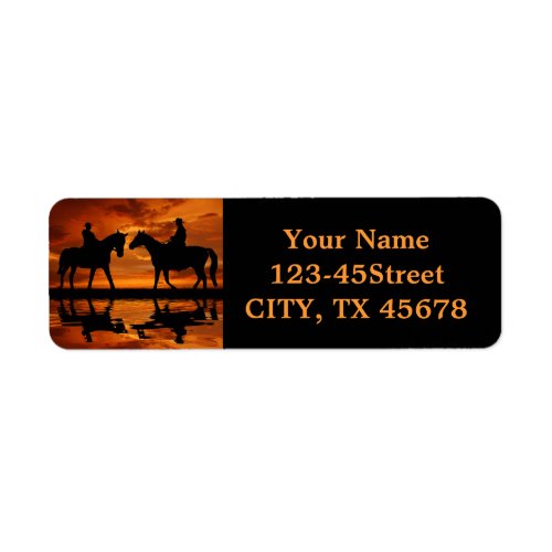 Western Sunset Horseback Riding cowboy silhouette Label