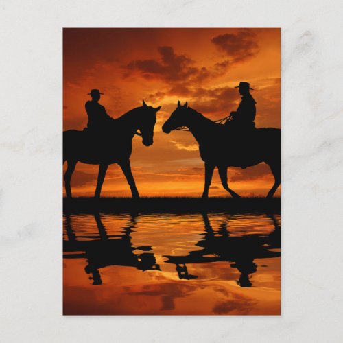 Western Sunset Horseback Riding cowboy silhouette Postcard