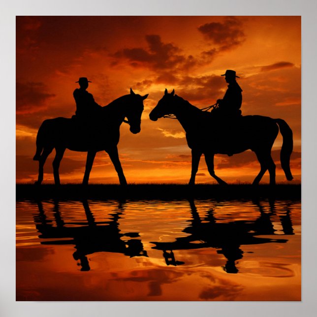 Western Sunset Horseback Riding cowboy silhouette Poster (Front)
