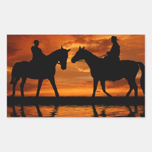 Western Sunset Horseback Riding cowboy silhouette Rectangular Sticker