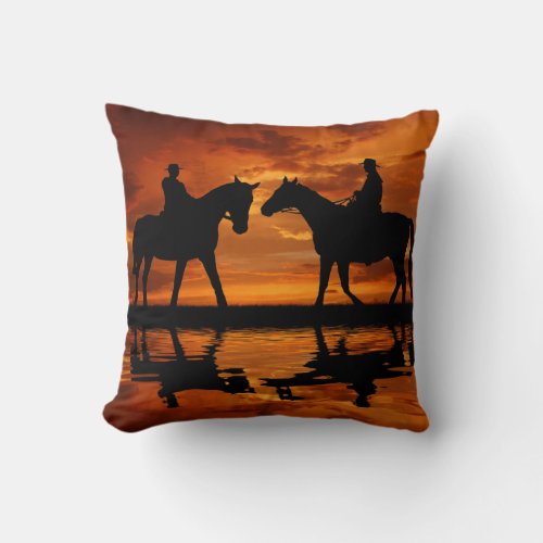 Western Sunset Horseback Riding cowboy silhouette Throw Pillow