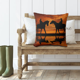 Western Sunset Horseback Riding cowboy silhouette Throw Pillow