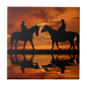 Western Sunset Horseback Riding cowboy silhouette Tile
