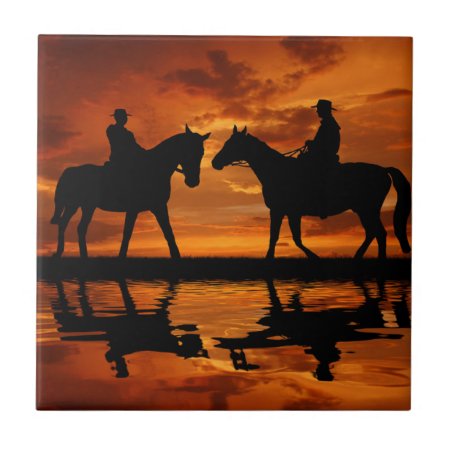 Western Sunset Horseback Riding Cowboy Silhouette Tile