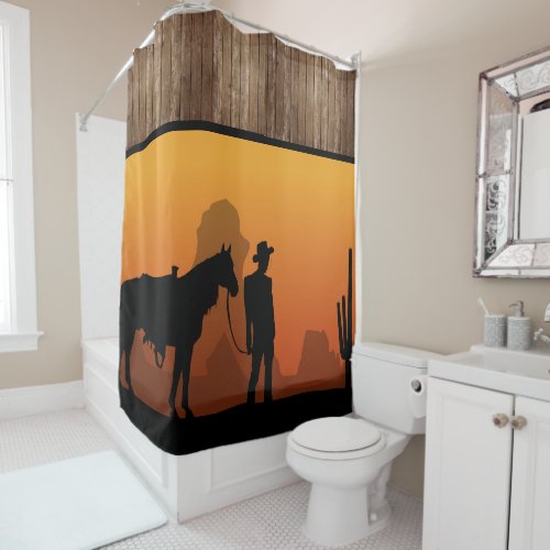 Western Sunset with Cowboy _ Shower Curtain