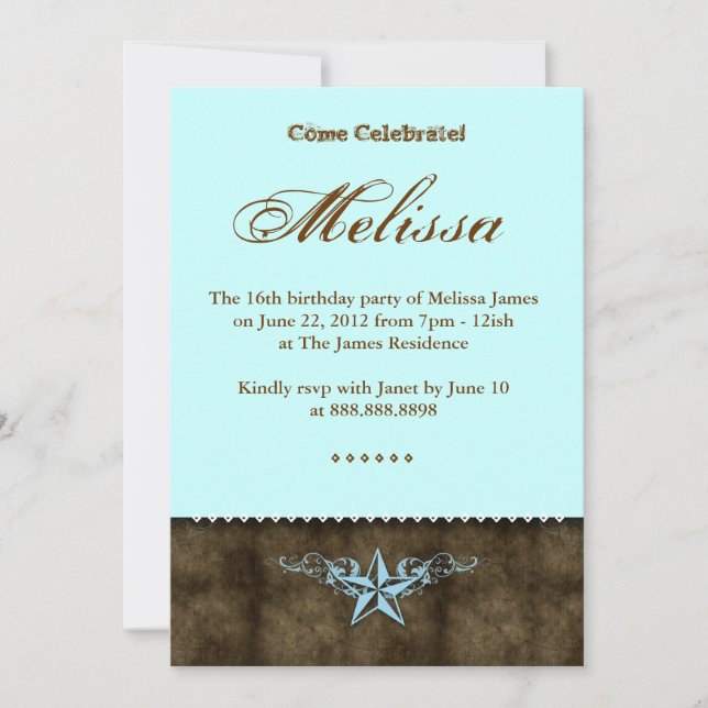 Western Sweet 16 Invitation Blue Star Brown (Front)