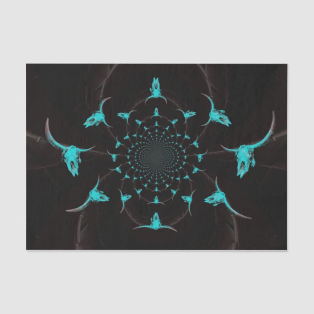 Western Teal Blue Black Rustic Country Cow Skull Tissue Paper (Front)