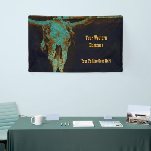 Western Teal Brown Gold Rustic Vintage Bull Skull Banner
