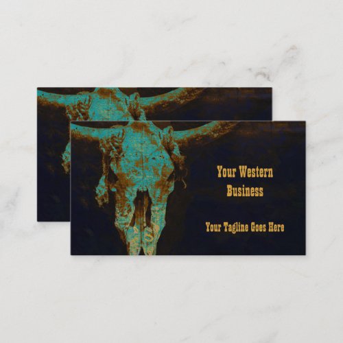 Western Teal Brown Gold Rustic Vintage Bull Skull Business Card