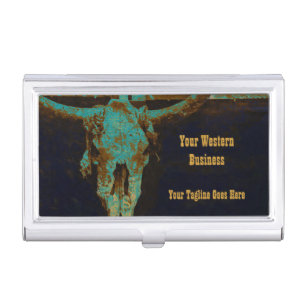 Western Teal Brown Gold Rustic Vintage Bull Skull Business Card Case