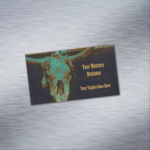 Western Teal Brown Gold Rustic Vintage Bull Skull Business Card Magnet