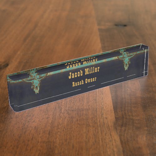 Western Teal Brown Gold Rustic Vintage Bull Skull Desk Name Plate