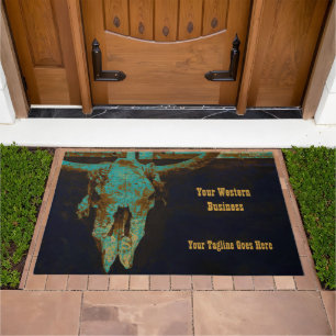 Western Teal Brown Gold Rustic Vintage Bull Skull Doormat