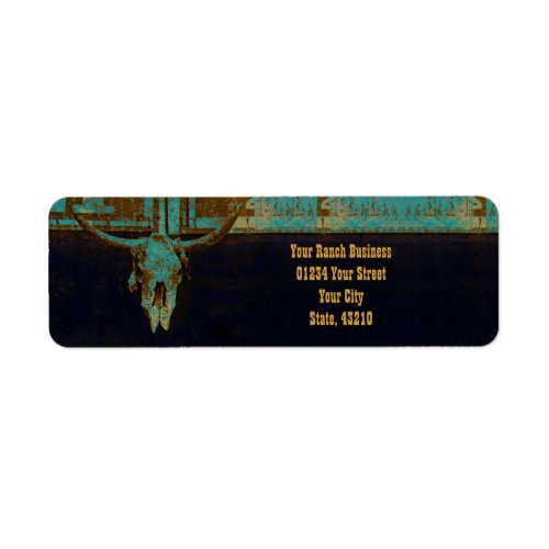 Western Teal Brown Gold Rustic Vintage Bull Skull Label