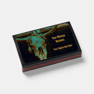 Western Teal Brown Gold Rustic Vintage Bull Skull Matchboxes