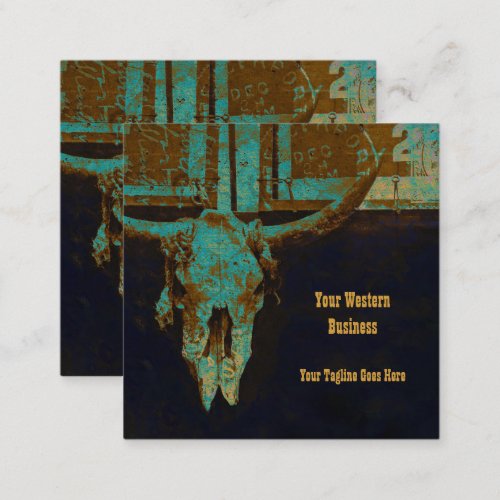 Western Teal Brown Gold Rustic Vintage Bull Skull Square Business Card