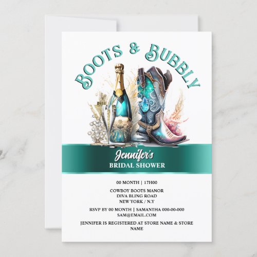 Western teal cowboy boot vintage bubbly summer invitation