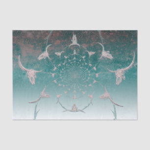 Western Teal White Metallic Texture Bull Skull Tissue Paper