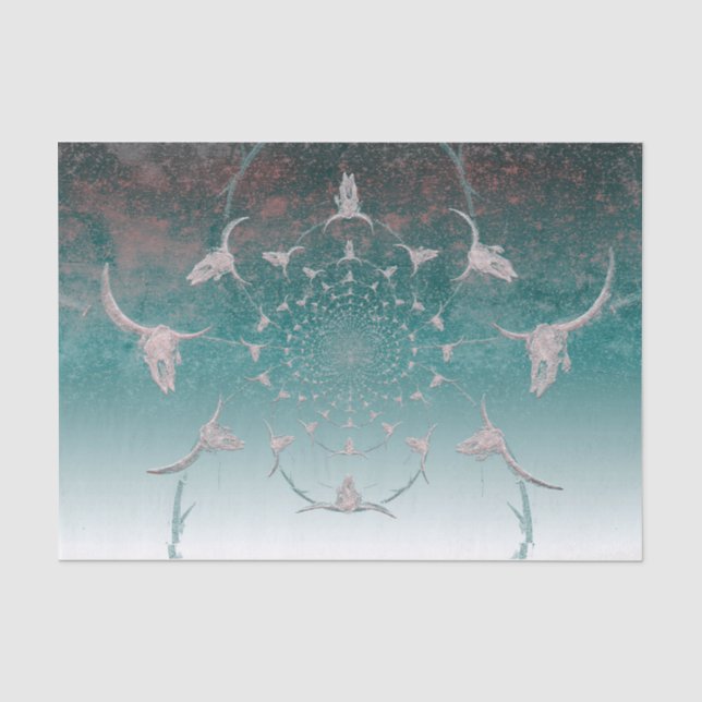 Western Teal White Metallic Texture Bull Skull Tissue Paper (Front)