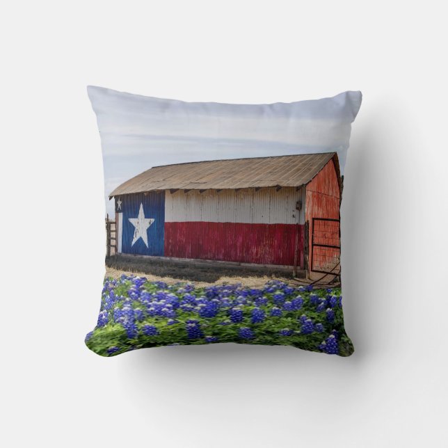 Western Texas Barn And Bluebonnets Throw Pillow (Front)