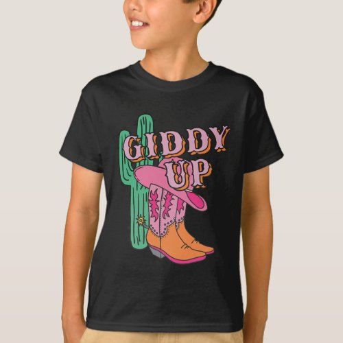 Western Texas Giddy Up Cowgirl Cowboy Boots Cactus T_Shirt