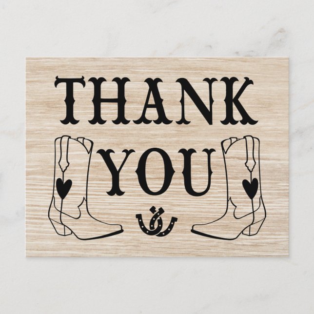 Western Thank You Wood Cowboy Boot Country Wedding Postcard (Front)