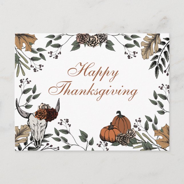Western Thanksgiving Fall Harvest Bull Skull Holiday Postcard (Front)