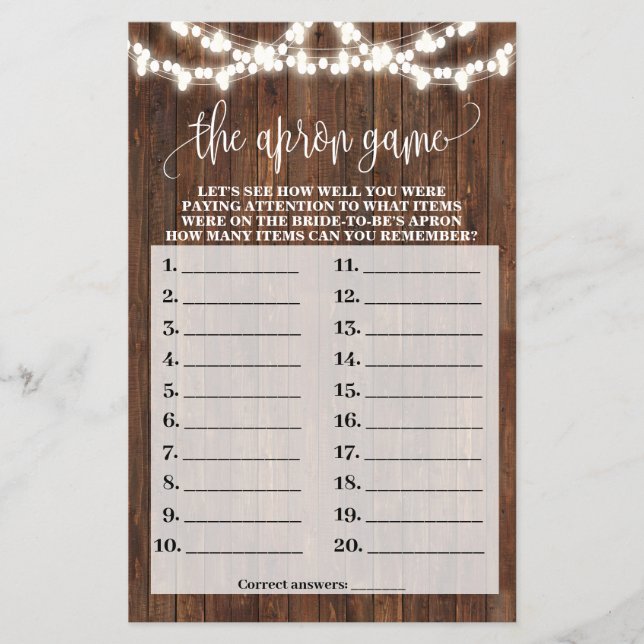 Western The Apron Bridal Shower Game Card Flyer (Front)