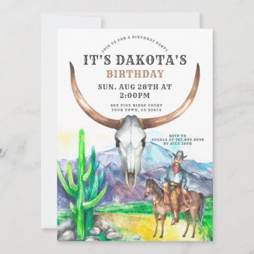 Western Theme Cow Skull Watercolor Birthday Party  Invitation