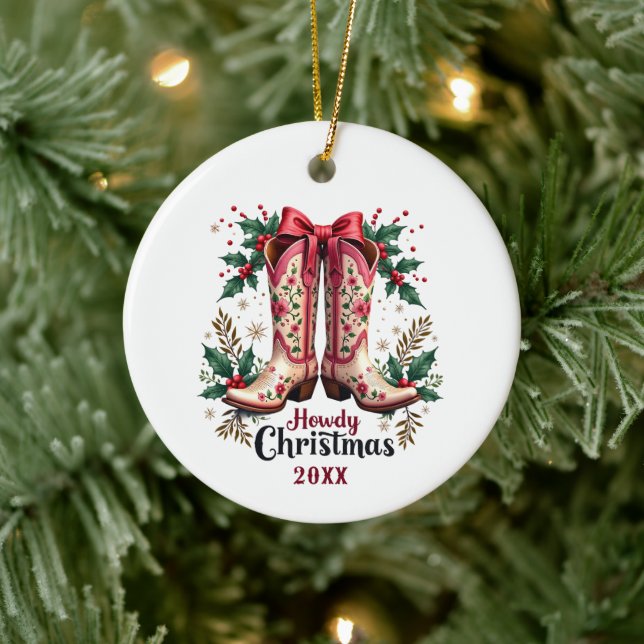 Western Theme Howdy Christmas Cowgirl Boots Ceramic Ornament (Tree)