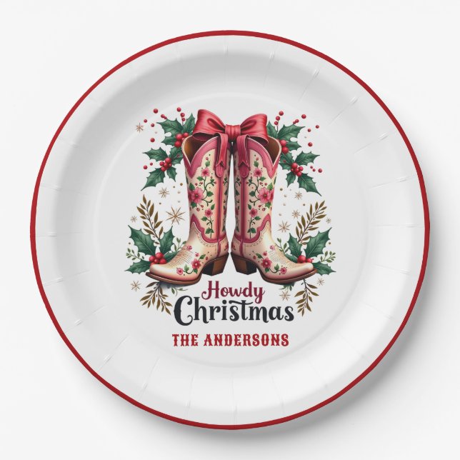 Western Theme Howdy Christmas Cowgirl Boots Paper Plates (Front)