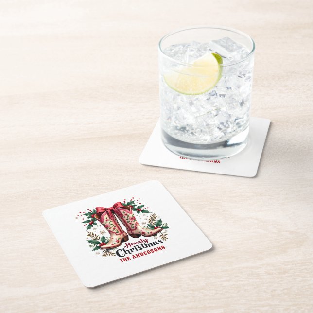 Western Theme Howdy Christmas Cowgirl Boots Square Paper Coaster (Insitu)
