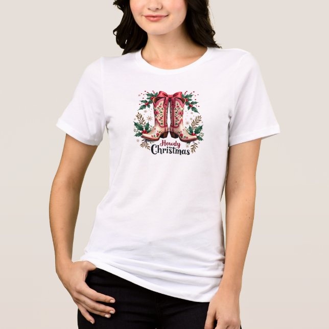Western Theme Howdy Christmas Cowgirl Boots Tri-Blend Shirt (Front)