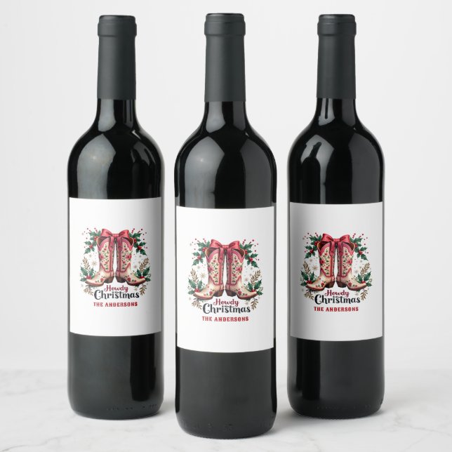 Western Theme Howdy Christmas Cowgirl Boots Wine Label (Bottles)
