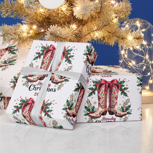 Western Theme Howdy Christmas Cowgirl Boots Wrapping Paper (Holidays)