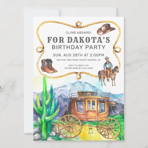 Western Theme Stagecoach Cowboy Birthday Party Invitation