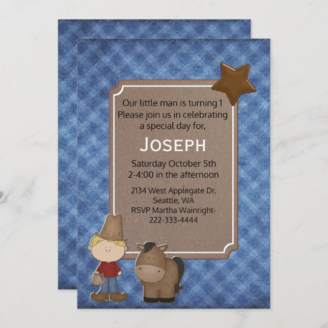 Western Themed Baby Boy First Birthday  Invitation (Front/Back)