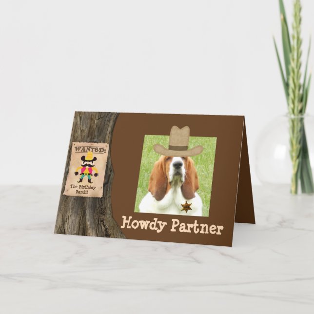 Western themed Birthday card with basset sheriff (Front)