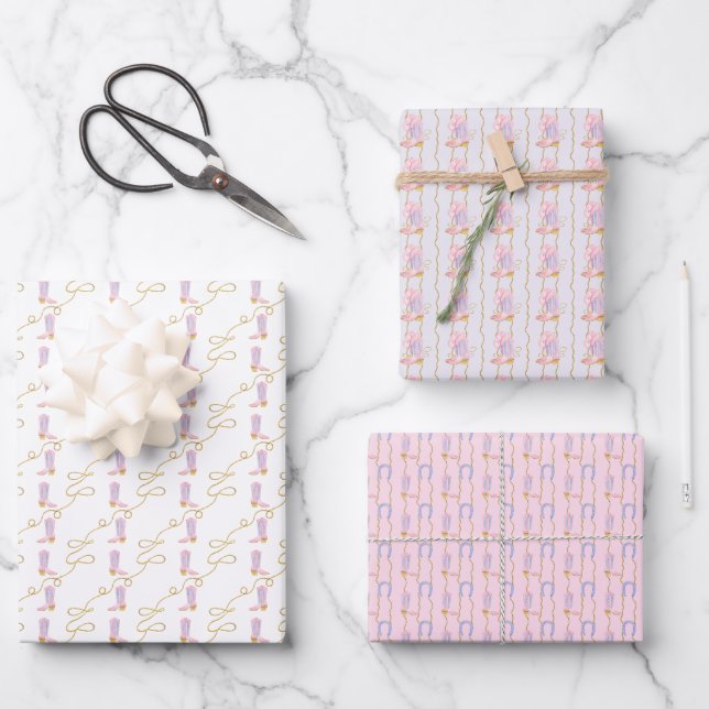 Western themed cowgirl boots & hat wrapping paper sheets (Front)