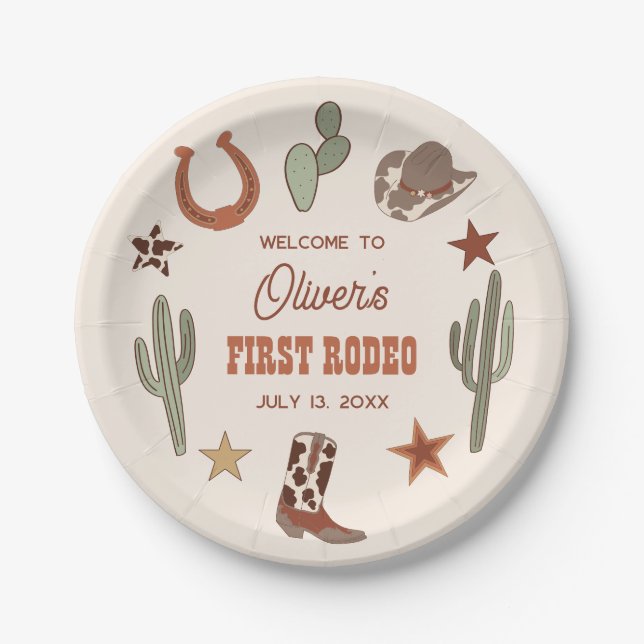 Western Themed First Rodeo Birthday  Paper Plates (Front)