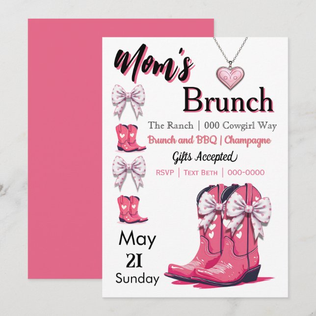 Western Themed Pink Bows and Boots Mom's Day  Invitation (Front/Back)