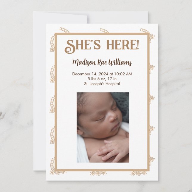 Western-Themed She's Here Birth Announcement Card (Front)