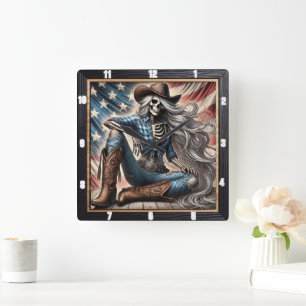 Western-Themed Skeleton With Hat and Boots  Square Wall Clock