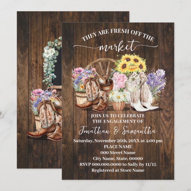 Western They're Fresh Off the Market Engagement Invitation (Front/Back)