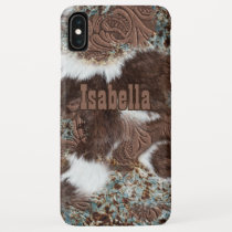 Western tooled leather Cowhide Brown Leather  iPhone XS Max Case