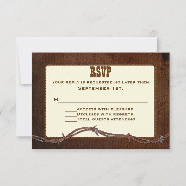 Western Tooled Leather Custom Wedding RSVP Card (Front)