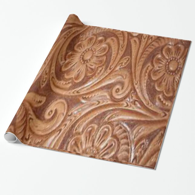 Western Tooled Leather Flower Gift Wrapping Paper (Unrolled)