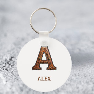 Western Tooled Leather Initial Monogram A Keychain