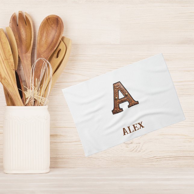 Western Tooled Leather Initial Monogram A Kitchen Towel (Creator Uploaded)